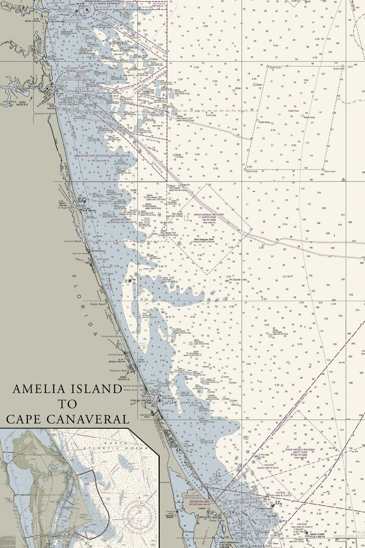 Florida Atlantic Coast 1 - Amelia Island To Cape Canaveral Nautical Chart Art — Traditional palette