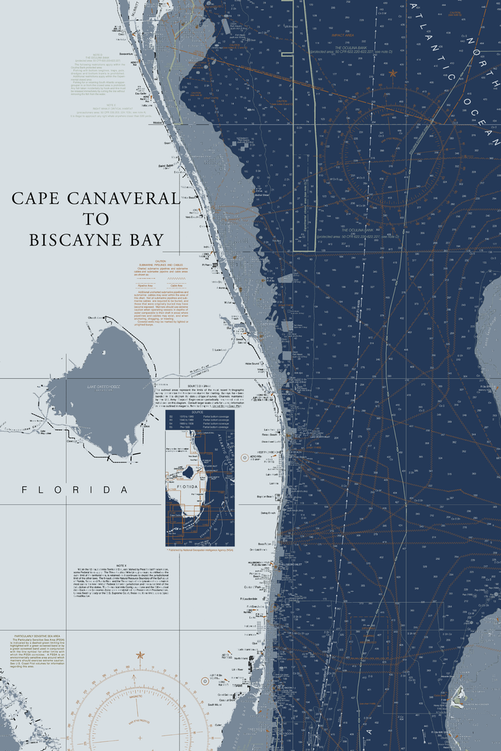 Florida Atlantic Coast 2 - Cape Canaveral to Biscayne Bay Nautical Chart Art — Modern Edition — Modern Edition palette