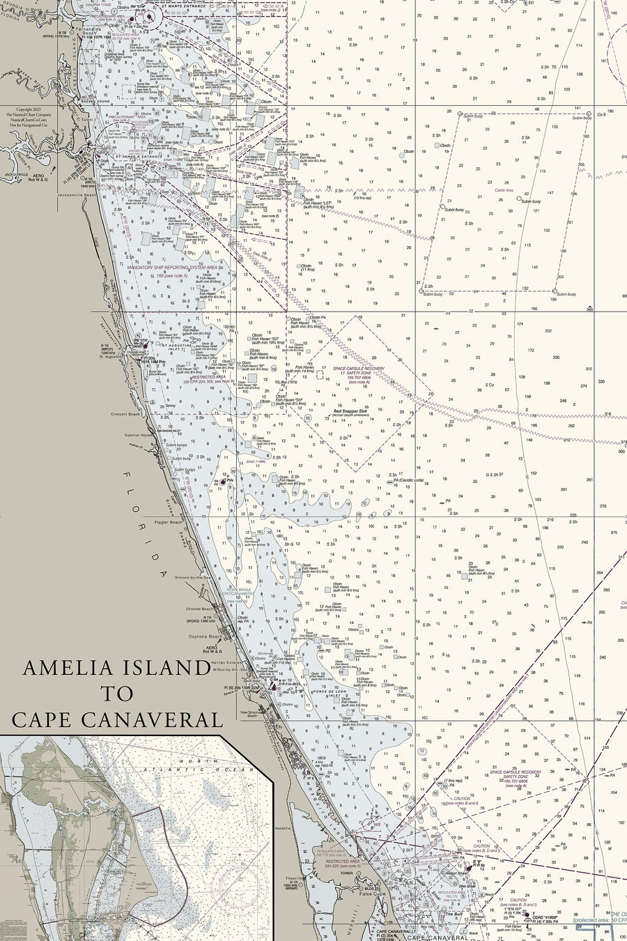 Florida Atlantic Coast 1 - Amelia Island To Cape Canaveral Nautical Chart Art
