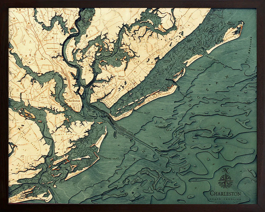 Charleston, South Carolina 3-D Nautical Wood Chart, Large 24.5" x 31"