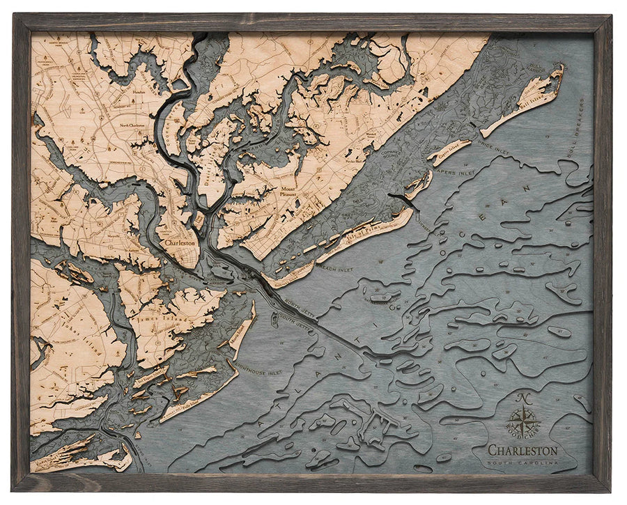 Charleston, South Carolina 3-D Nautical Wood Chart, Large 24.5" x 31"