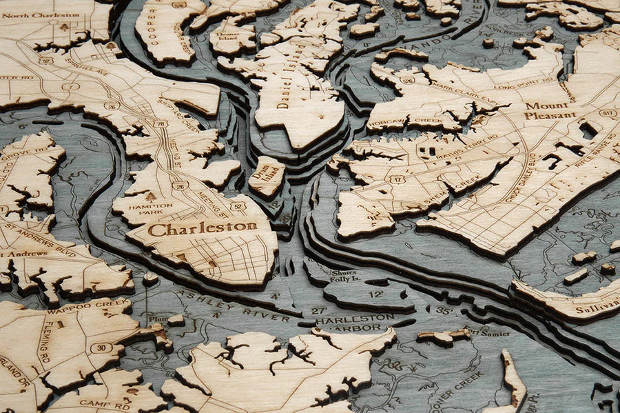 Charleston, South Carolina 3-D Nautical Wood Chart, Large 24.5" x 31"