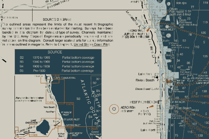 Florida Atlantic Coast 2 - Cape Canaveral to Biscayne Bay Nautical Chart Art — Heritage Edition — print detail 2