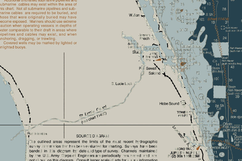 Florida Atlantic Coast 2 - Cape Canaveral to Biscayne Bay Nautical Chart Art — Heritage Edition — print detail 3