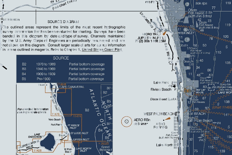 Florida Atlantic Coast 2 - Cape Canaveral to Biscayne Bay Nautical Chart Art — Modern Edition — print detail 2