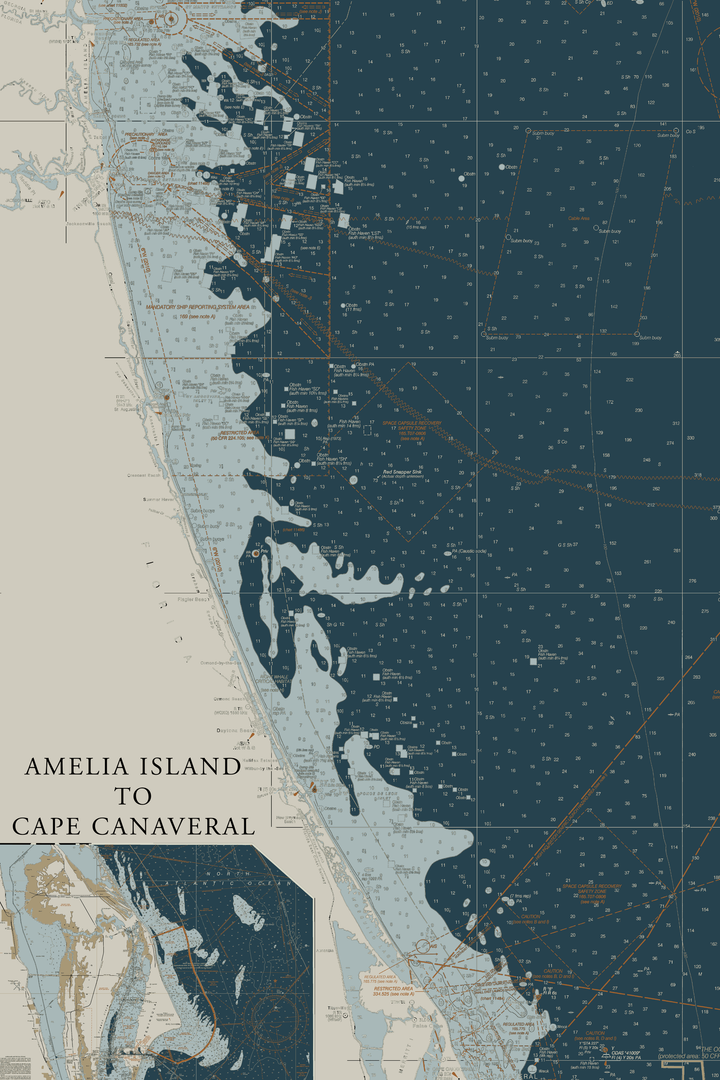 Florida Atlantic Coast 1 - Amelia Island To Cape Canaveral Nautical Chart Art — Heritage Edition